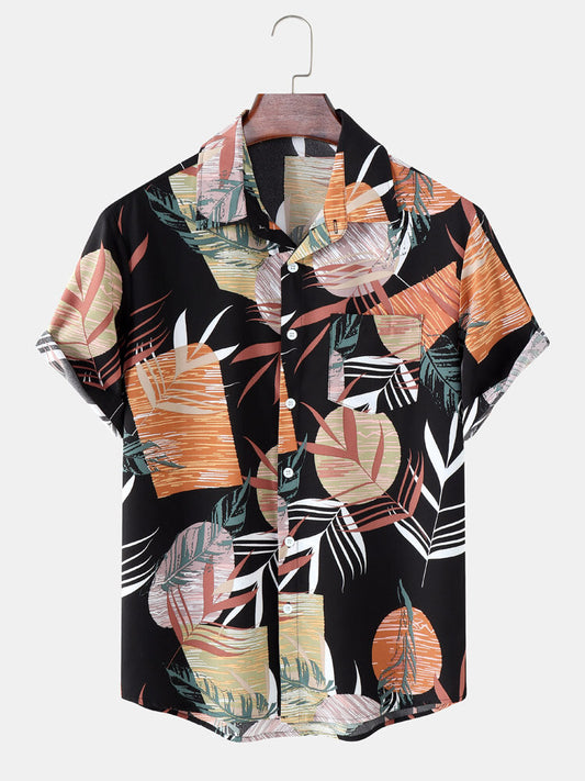 Geometric and Tropical Leaf Print Black Shirt