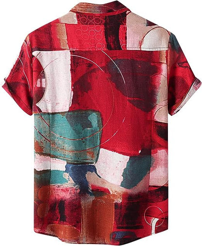 Men's Abstract Print Red Short Sleeve Shirt