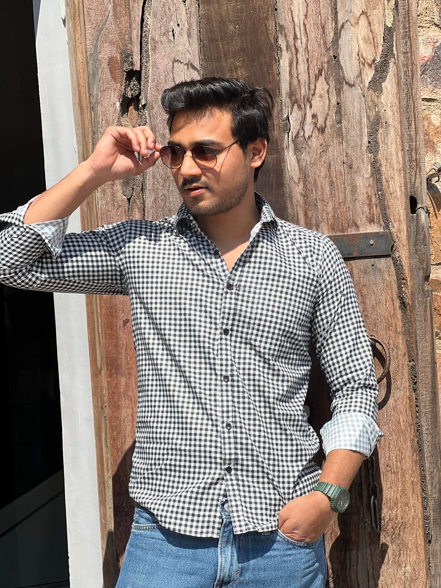 Formal small checked black and white shirt