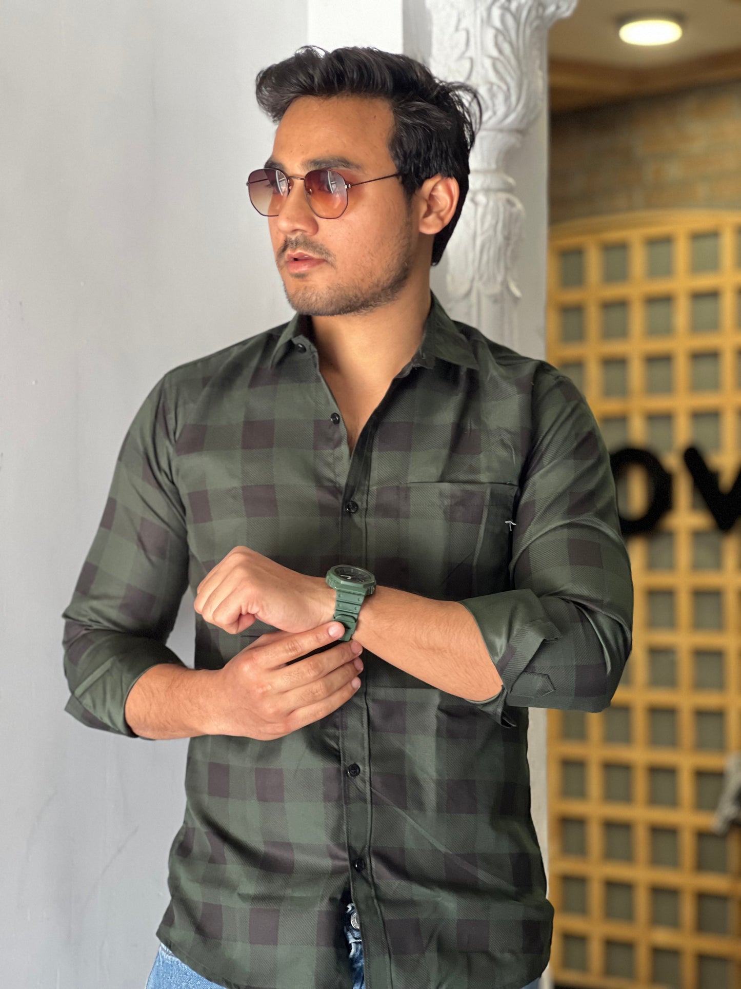 Formal checked olive green shirt