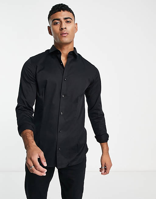 Premium super slim fit stretch smart shirt in black
