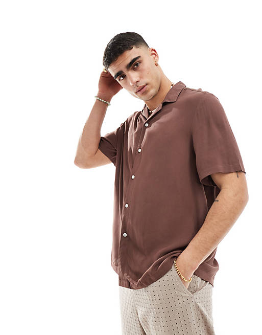 Relaxed fit viscose shirt with revere collar in brown