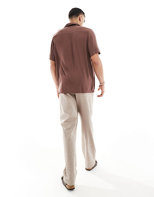 Relaxed fit viscose shirt with revere collar in brown