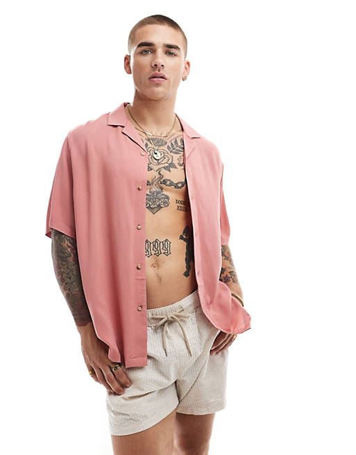 Relaxed fit viscose shirt with revere collar in clay pink