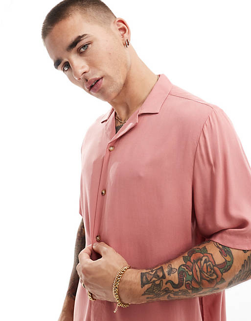 Relaxed fit viscose shirt with revere collar in clay pink