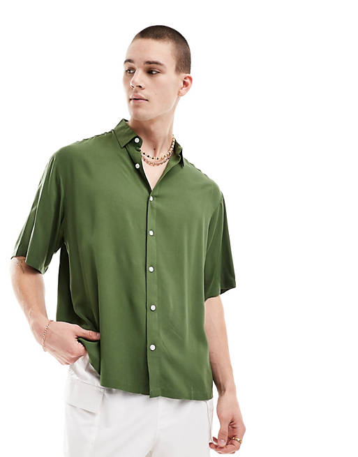Oversized viscose shirt in dark green