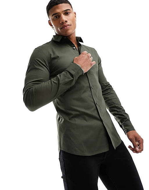Long sleeve muscle fit poplin shirt in khaki Green