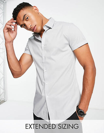 Short sleeve stretch slim fit work shirt in grey
