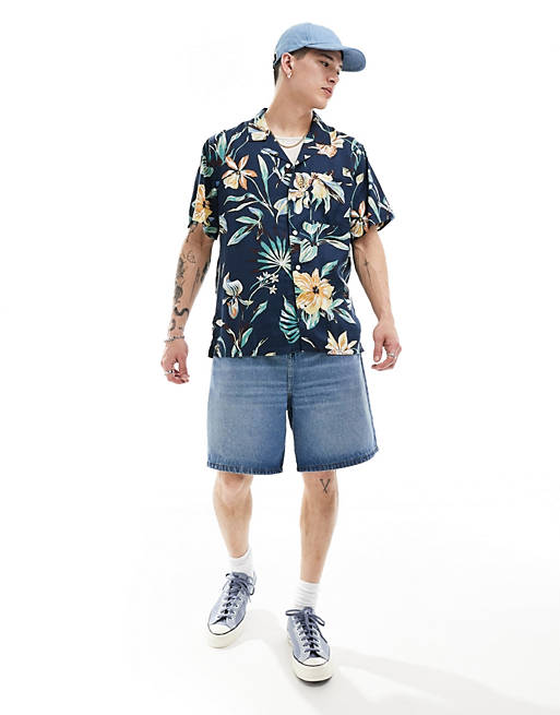 Sunset camp shirt in navy Hawaiian print