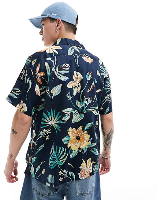 Sunset camp shirt in navy Hawaiian print