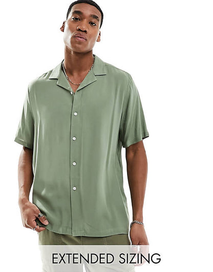 Relaxed fit viscose shirt with revere collar in khaki