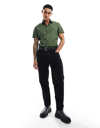 Short sleeve stretch slim fit work shirt in khaki
