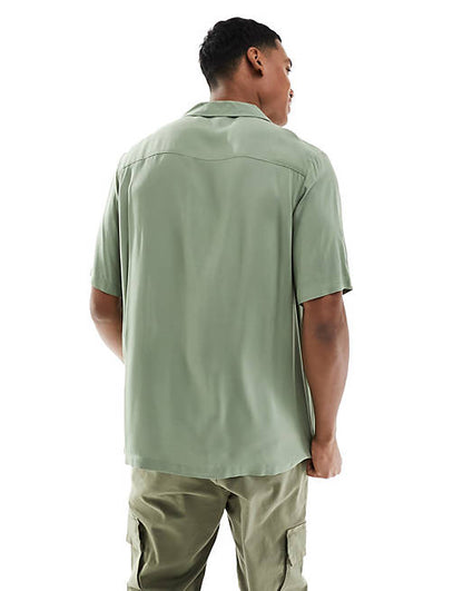 Relaxed fit viscose shirt with revere collar in khaki