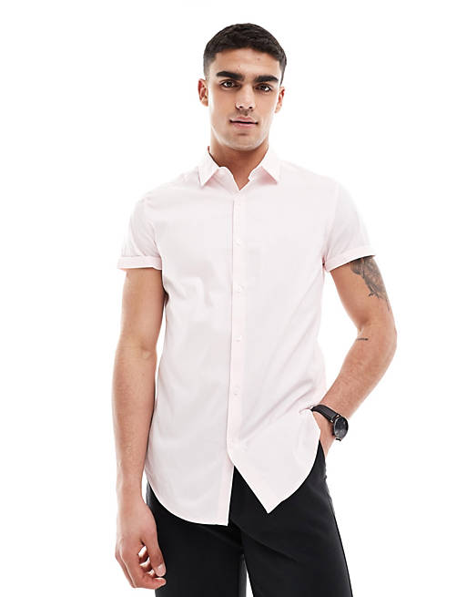 Short sleeve stretch slim fit work shirt in light pink