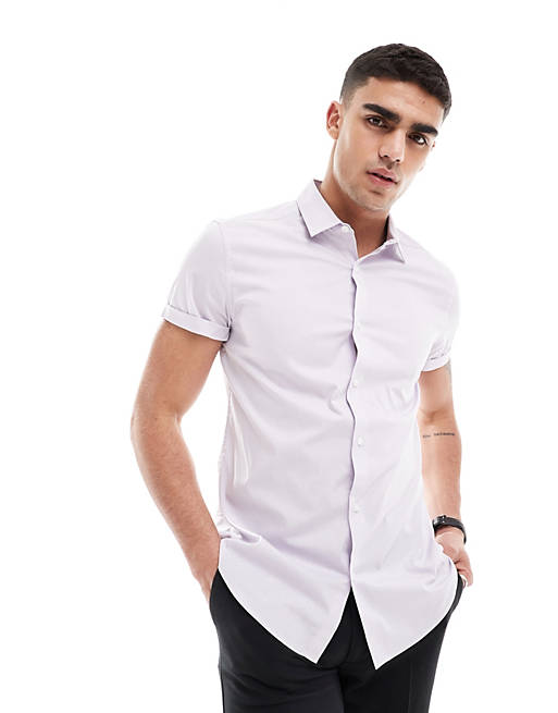 Slim fit work shirt with rolled sleeves in lilac