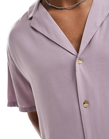 Relaxed viscose shirt with deep revere collar in mauve