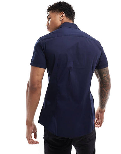 Short sleeve stretch slim fit work shirt in navy