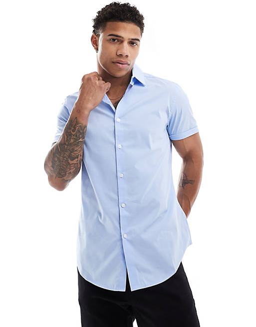 Short sleeve stretch slim fit work shirt in blue