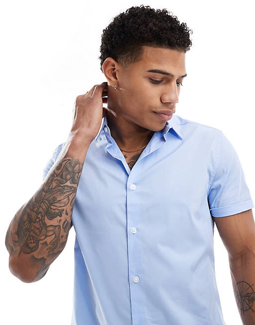Short sleeve stretch slim fit work shirt in blue