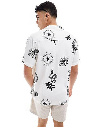 Relaxed camp collar shirt in tarot icon print in white