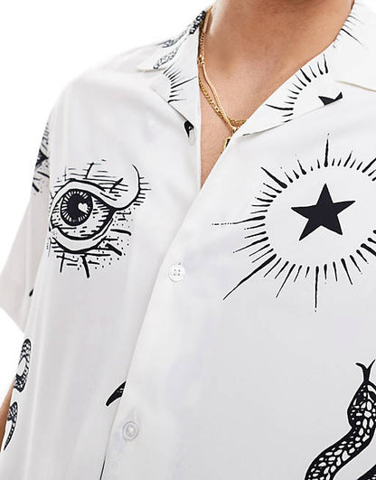 Relaxed camp collar shirt in tarot icon print in white
