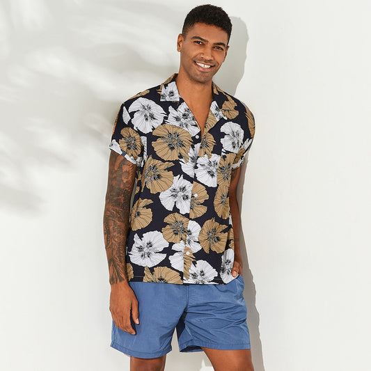 Men's Big Leaf print short sleeve casual shirt
