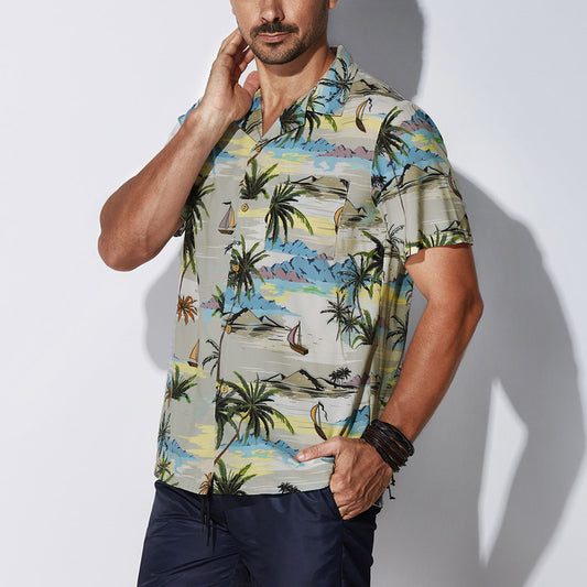 Men's Beach Leaf print short sleeve casual shirt