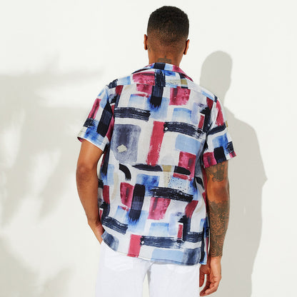 Men's Geomatric Brush print short sleeve casual shirt