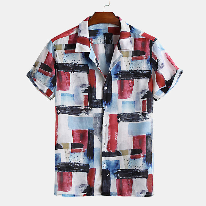 Men's Geomatric Brush print short sleeve casual shirt