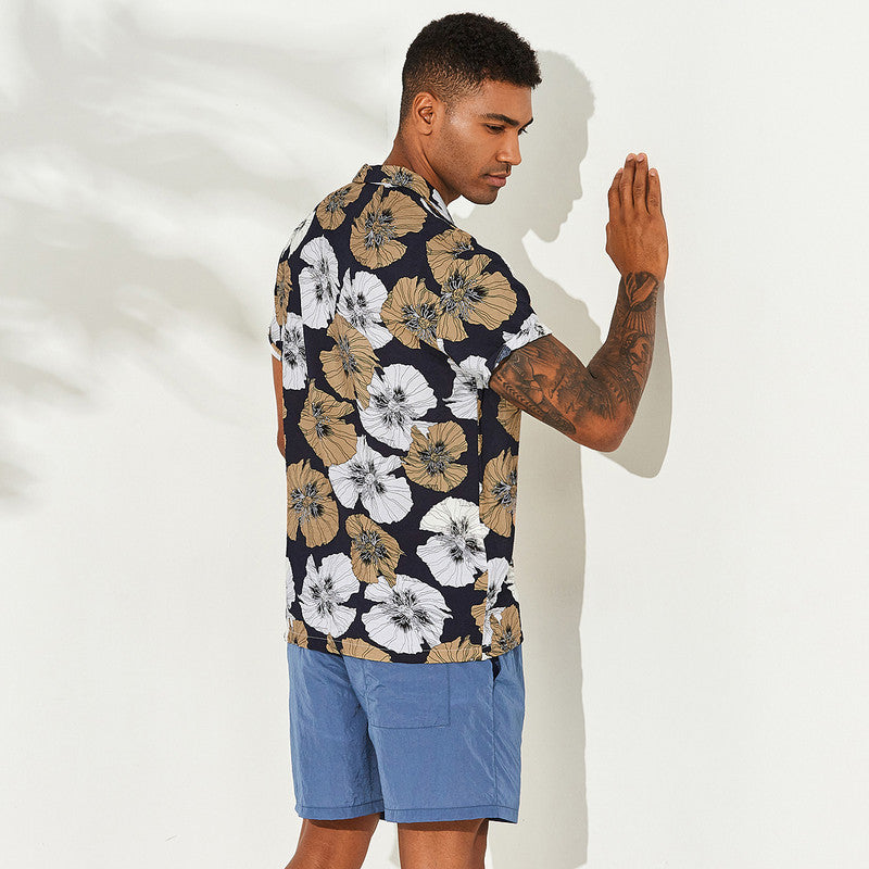 Men's Big Leaf print short sleeve casual shirt