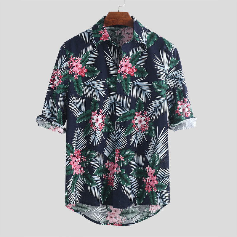 Men's Big Leaf Print Short Sleeve Casual Shirt